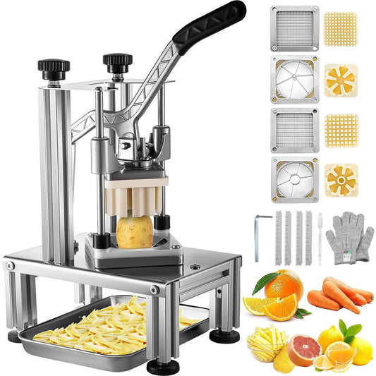 Commercial French Fries Cutter with 4 Replacement Blades, 1/4" &amp; 3/8" Blade Easy Dicer Chopper, 6-Cut and 6-Cut Apple Slicer, Lemon Potato Slicer for French Fries with Tray and Handle