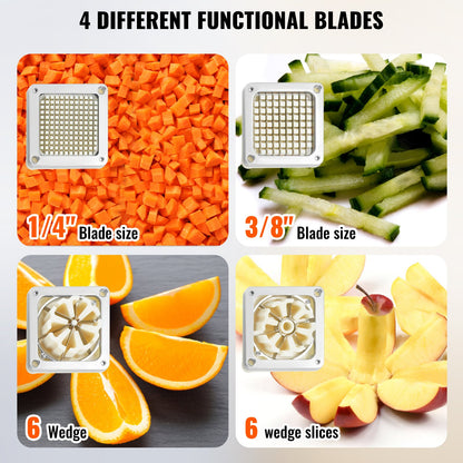 Commercial French Fries Cutter with 4 Replacement Blades, 1/4" and 3/8" Blade Easy Dicer Chopper, 6-Chop and 6-Chop Apple Slicer, Lemon Potato Slicer for French Fries with Extended Handle