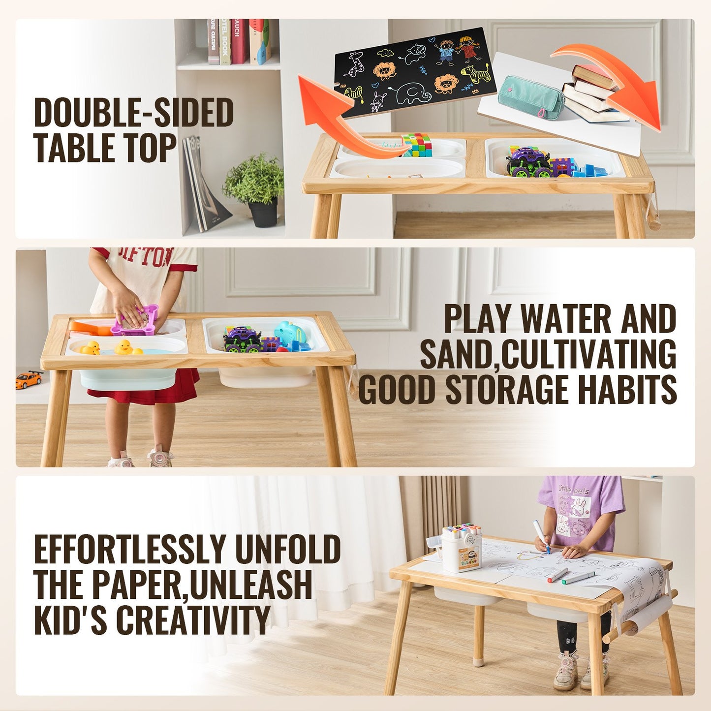 Sensory Table for Toddlers, Kids Activity Table with 3 Foldable Storage Bins & Paper Roll Holder, Indoor/Outdoor Play Sand and Water Table, Wooden Kids Sensory Drawing Table, Gift for Boys Girls