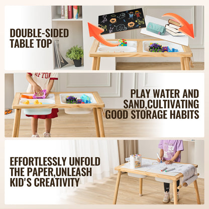 Sensory Table for Toddlers, Kids Activity Table with 3 Foldable Storage Bins & Paper Roll Holder, Indoor/Outdoor Play Sand and Water Table, Wooden Kids Sensory Drawing Table, Gift for Boys Girls