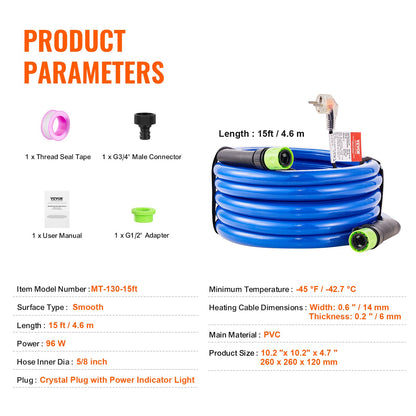 15ft uppvärmd vattenslang för RV -45℉ Frostskyddsuppvärmd dricksvattenslang