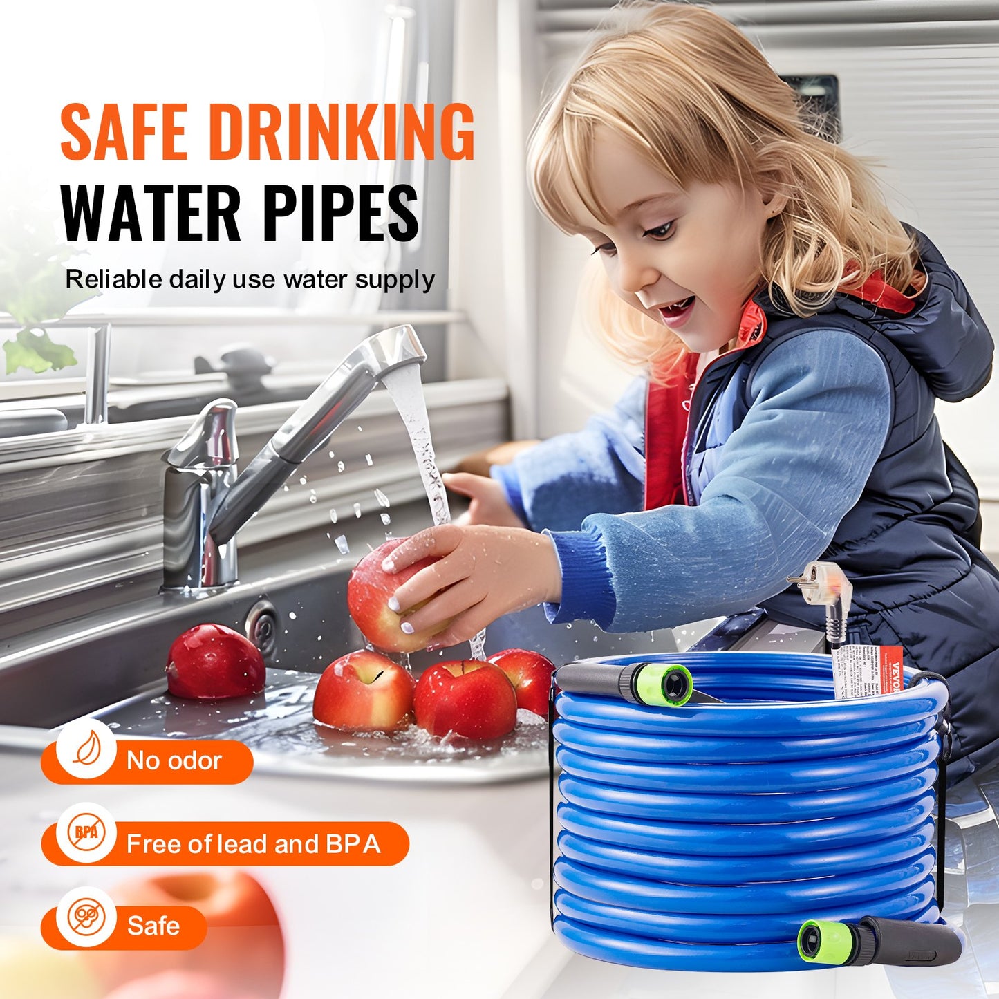 50ft Heated Water Hose for RV, Heated Drinking Water Hose Antifreeze to -45°F, Automatic Self-regulating, 5/8" I.D. with 3/4" GHT Adapter, Lead and BPA Free