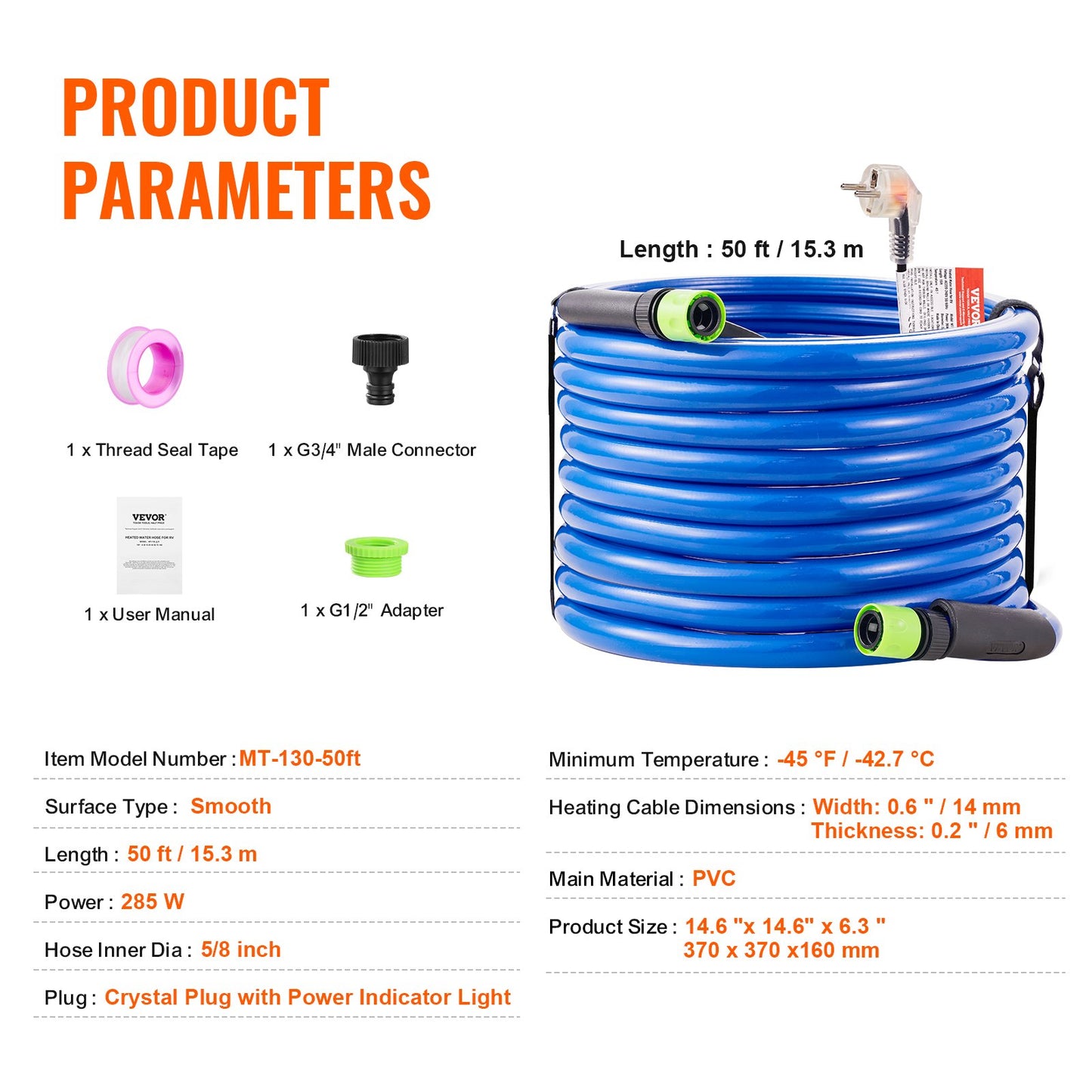 50ft Heated Water Hose for RV, Heated Drinking Water Hose Antifreeze to -45°F, Automatic Self-regulating, 5/8" I.D. with 3/4" GHT Adapter, Lead and BPA Free