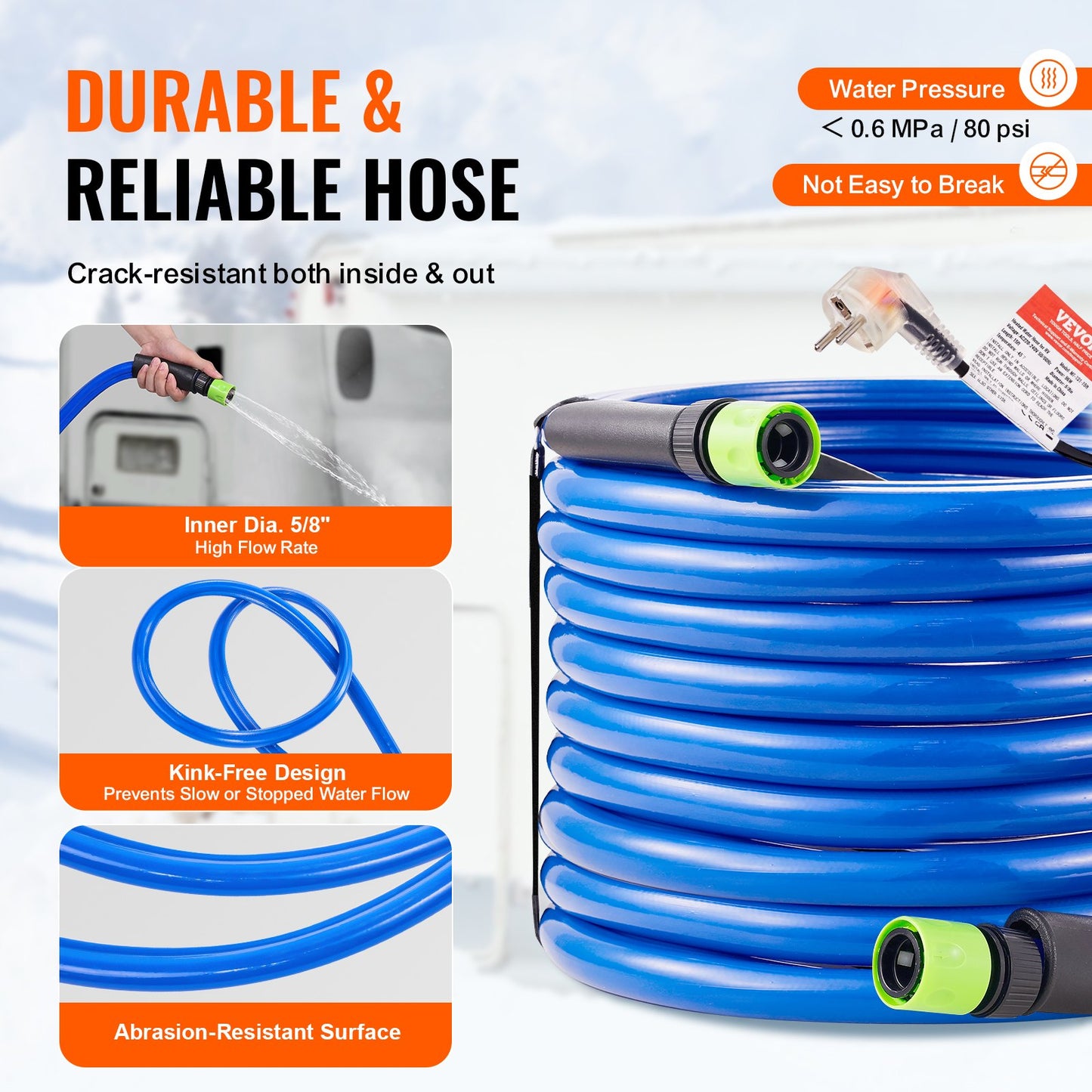 50ft Heated Water Hose for RV -45℉ Anti-Freeze Heated Drinking Water Hose
