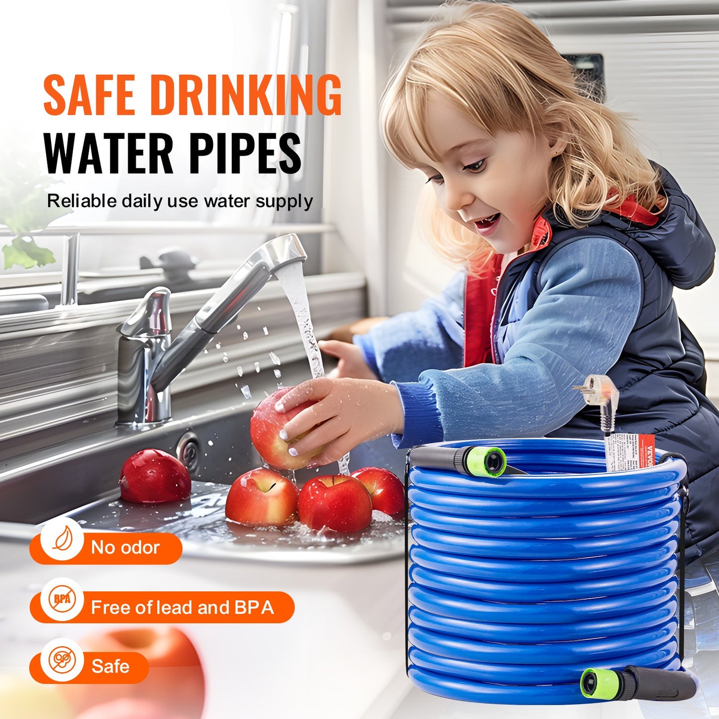75ft Heated Water Hose for RV, Heated Drinking Water Hose Antifreeze to -45°F, Automatic Self-regulating, 5/8" I.D. with 3/4" GHT Adapter, Lead and BPA Free