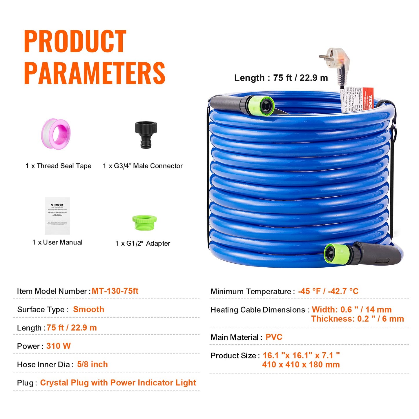 75ft Heated Water Hose for RV, Heated Drinking Water Hose Antifreeze to -45°F, Automatic Self-regulating, 5/8" I.D. with 3/4" GHT Adapter, Lead and BPA Free
