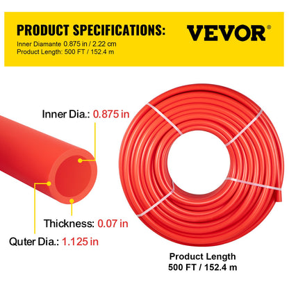 PEX Pipe, 7/8 inch x 500 FT PEX Tubing, Non Oxygen Barrier Red PEX-B Pipe, Flexible PEX Water Line for RV Sewer Hose, Plumbing, Radiant Heating