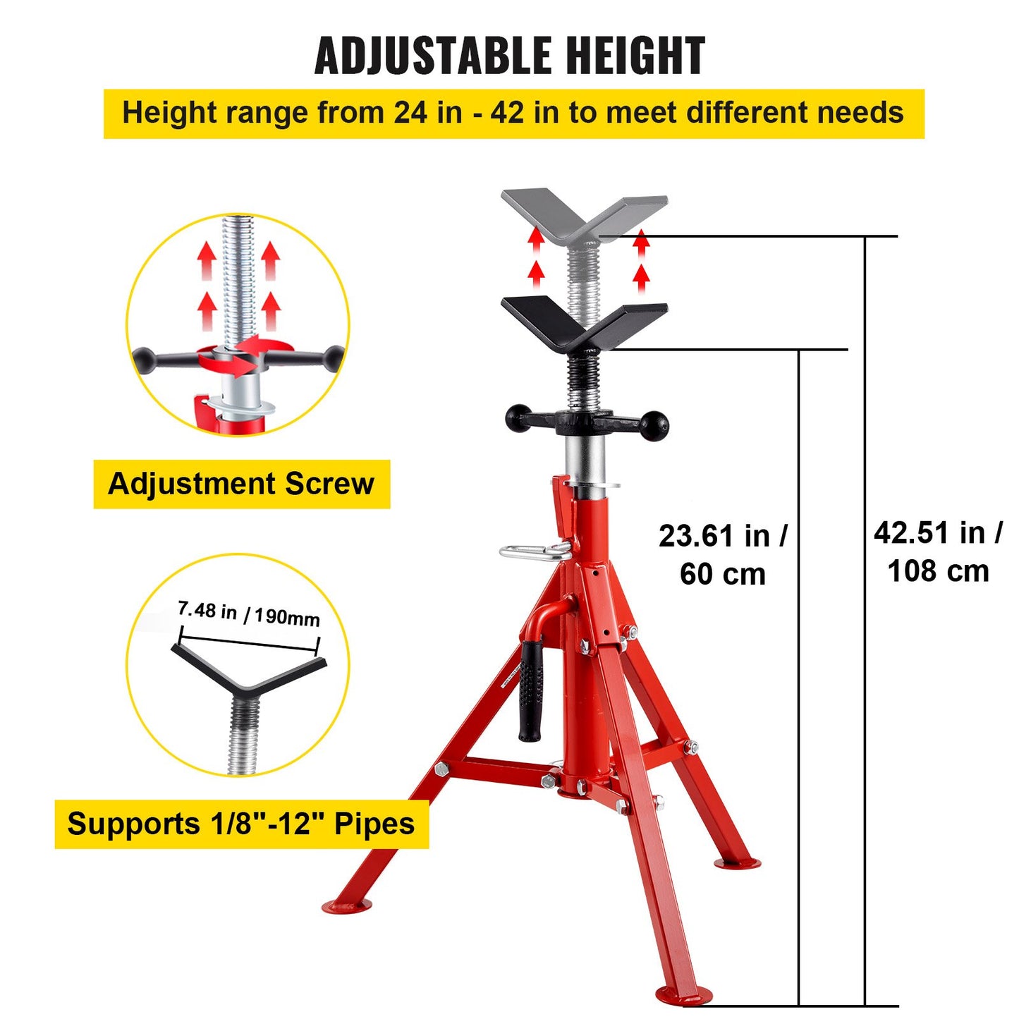 V Head Pipe Stand 1/8\"-12\" Capacity, Adjustable Height 24\"-42\", Pipe Jack Stands 2500 lb. Load Capacity, Portable Folding Pipe Stands, Carbon Steel Body More Durable