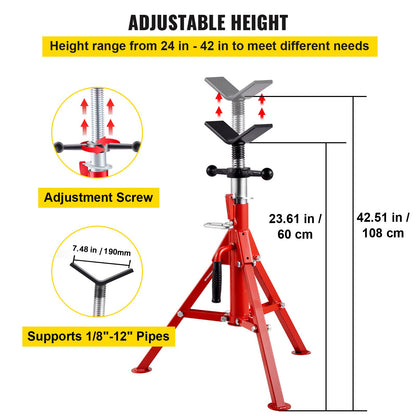 V Head Pipe Stand 1/8\"-12\" Capacity, Adjustable Height 24\"-42\", Pipe Jack Stands 2500 lb. Load Capacity, Portable Folding Pipe Stands, Carbon Steel Body More Durable