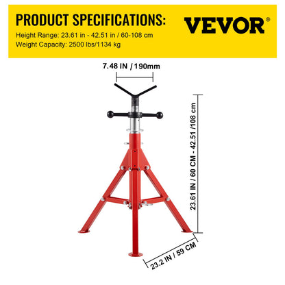 V Head Pipe Stand 1/8\"-12\" Capacity, Adjustable Height 24\"-42\", Pipe Jack Stands 2500 lb. Load Capacity, Portable Folding Pipe Stands, Carbon Steel Body More Durable