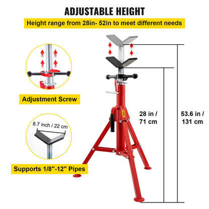 V Head Pipe Stand 1/8\"-12\" Capacity, Adjustable Height 28\"-52", Pipe Jack Stand 2500 lb. Load Capacity, Portable Collapsible Pipe Stands, Carbon Steel Body More Durable