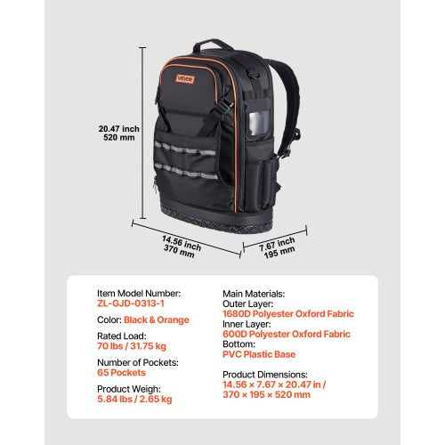 Tool Backpack 65 Pockets Tear-Resistant Workplace Backpack for Electricians