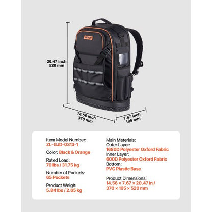Tool Backpack 65 Pockets Tear-Resistant Workplace Backpack for Electricians