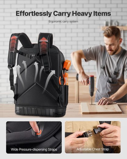 Tool Backpack, 65 Pockets, Heavy-duty Tools Storage Organizer Work Bags with Laptop Compartment & Molded Base, Electrician Jobsite Backpack for Electrician, Repairman, and HVAC Techs