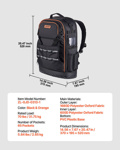 Tool Backpack, 65 Pockets, Heavy-duty Tools Storage Organizer Work Bags with Laptop Compartment & Molded Base, Electrician Jobsite Backpack for Electrician, Repairman, and HVAC Techs