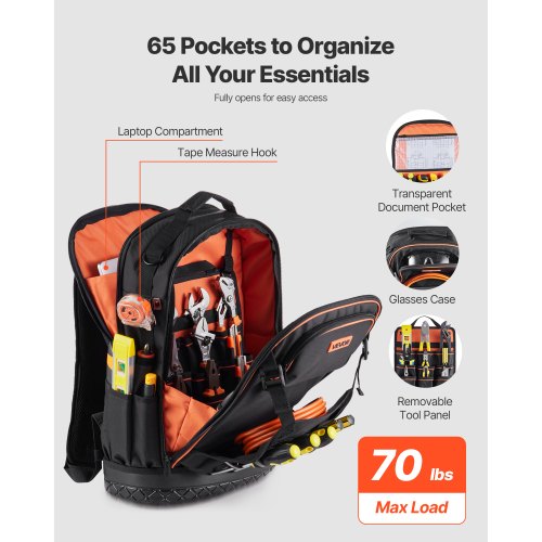 Werkzeugrucksack mit Werkzeug 65 Taschen Reißfester Arbeitsplatzrucksack