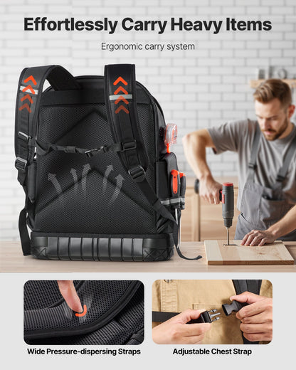 Tool Backpack, 64 Pockets, Heavy-duty Tools Storage Organizer Work Bags with Laptop Compartment & Molded Base, Electrician Jobsite Backpack for Electrician, Repairman, and HVAC Techs