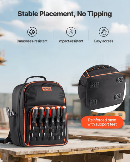 Tool Backpack, 49 Pockets, Heavy-duty Tools Storage Organizer Work Bags with Laptop Compartment & Reinforced Fabric Base, Electrician Jobsite Backpack for Electrician, Repairman