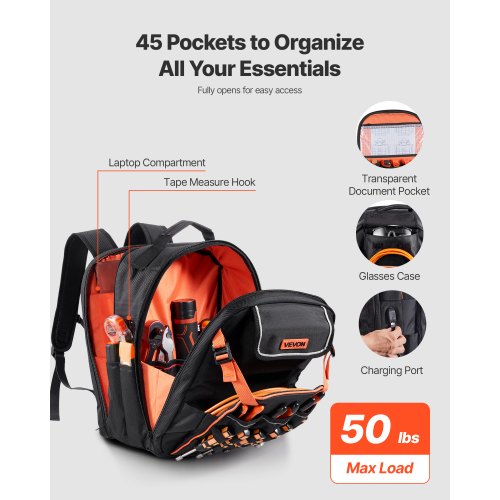 Verktygsryggsäck 45 Fickor Rivtålig Arbetsplatsryggsäck för Elektriker