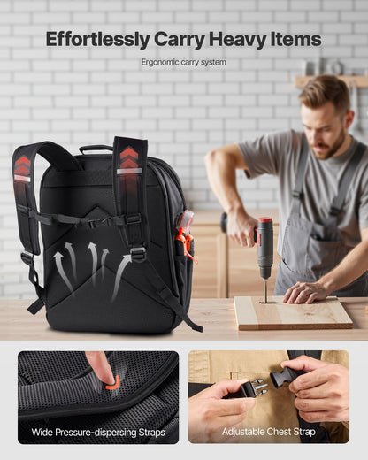 Tool Backpack, 45 Pockets, Heavy-duty Tools Storage Organizer Work Bags with Laptop Compartment & Reinforced Fabric Basee, Electrician Jobsite Backpack for Electrician, Repairman