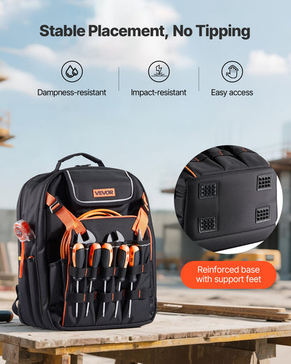 Tool Backpack, 45 Pockets, Heavy-duty Tools Storage Organizer Work Bags with Laptop Compartment & Reinforced Fabric Basee, Electrician Jobsite Backpack for Electrician, Repairman