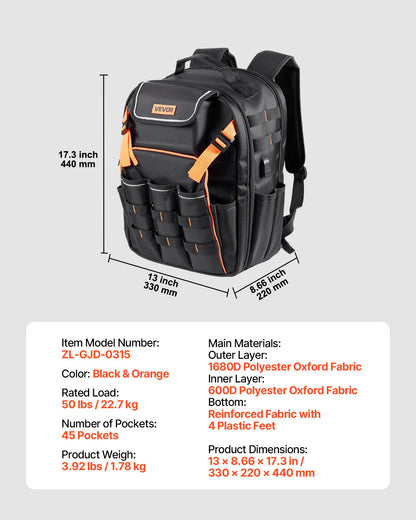 Tool Backpack, 45 Pockets, Heavy-duty Tools Storage Organizer Work Bags with Laptop Compartment & Reinforced Fabric Basee, Electrician Jobsite Backpack for Electrician, Repairman