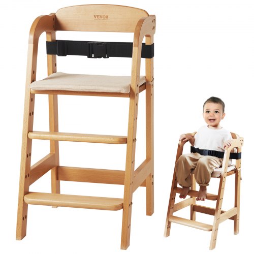 Wooden High Chair for Babies & Toddlers, Convertible Adjustable Feeding Chair, Eat & Grow High Chair with Seat Cushion, Portable Baby Dining Booster Seat, Beech Wood Toddler Chair, Natural