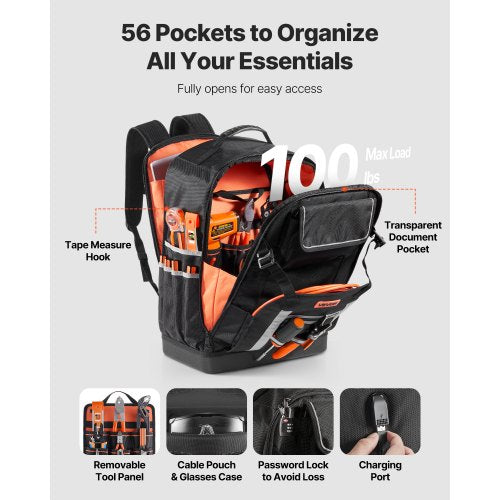 Werkzeugrucksack 56 Taschen Spritzwassergeschützter Arbeitsplatzrucksack für Elektriker