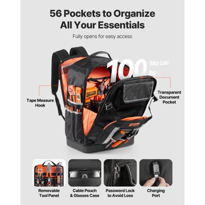 Werkzeugrucksack 56 Taschen Spritzwassergeschützter Arbeitsplatzrucksack für Elektriker