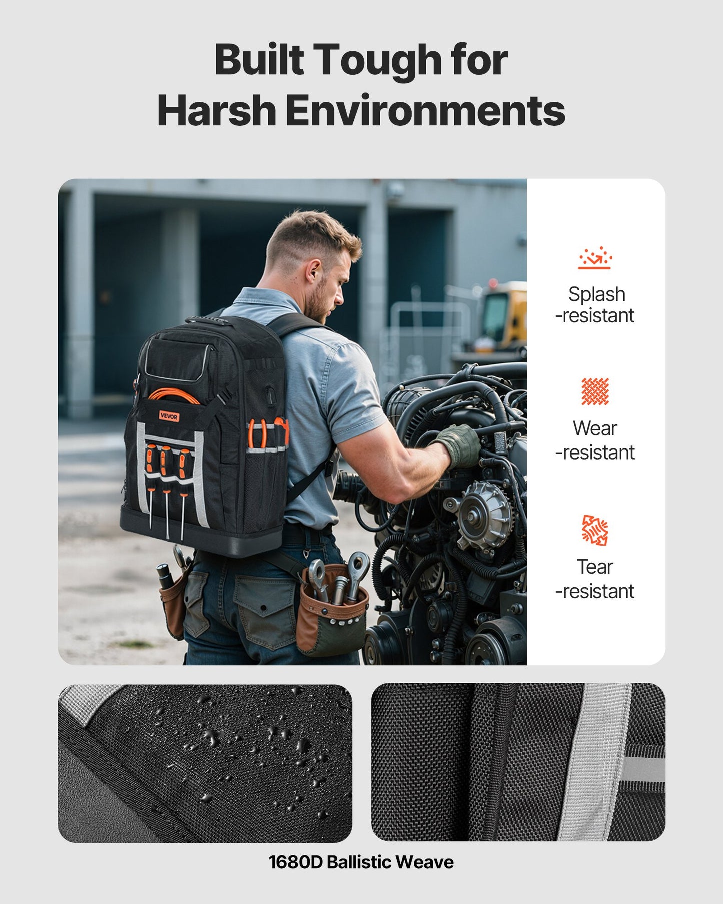 Tool Backpack, 56 Pockets, Heavy-duty Tools Storage Organizer Bags with Molded Base, Electrician Jobsite Backpack for Construction Jobsite, Electrician, Industrial, Repairman, and HVAC Techs