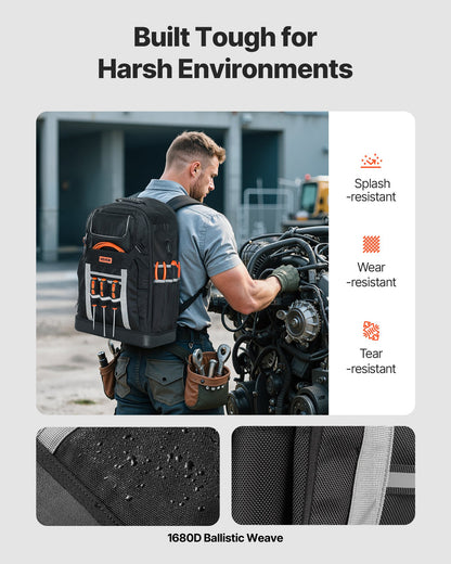 Tool Backpack, 56 Pockets, Heavy-duty Tools Storage Organizer Bags with Molded Base, Electrician Jobsite Backpack for Construction Jobsite, Electrician, Industrial, Repairman, and HVAC Techs