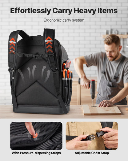 Tool Backpack, 56 Pockets, Heavy-duty Tools Storage Organizer Bags with Molded Base, Electrician Jobsite Backpack for Construction Jobsite, Electrician, Industrial, Repairman, and HVAC Techs