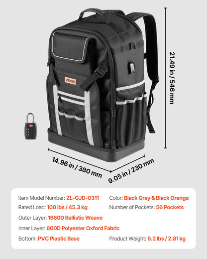 Tool Backpack, 56 Pockets, Heavy-duty Tools Storage Organizer Bags with Molded Base, Electrician Jobsite Backpack for Construction Jobsite, Electrician, Industrial, Repairman, and HVAC Techs
