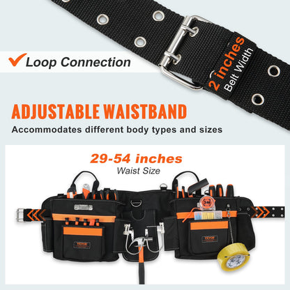 Tool Belt with Suspenders, 29 Pockets, 29-54 inches Adjustable Waist Size, Tool Belts for Men, 600D Polyester Heavy Duty Carpenter Tool Pouch for Carpenters, Electricians, and Gardening, Black