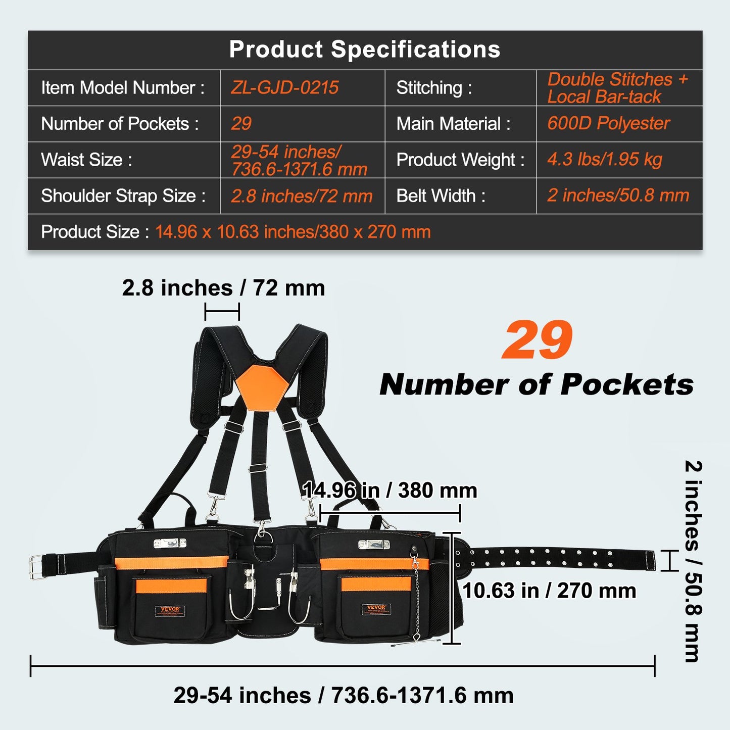 Tool Belt with Suspenders, 29 Pockets, 29-54 inches Adjustable Waist Size, Tool Belts for Men, 600D Polyester Heavy Duty Carpenter Tool Pouch for Carpenters, Electricians, and Gardening, Black