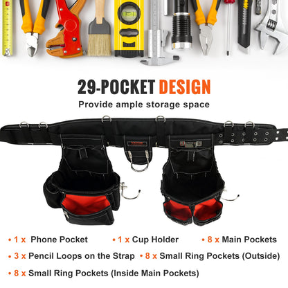 Tool Belt with Suspenders 1680D Polyester, 29 Pockets, 29-54 inches Adjustable Waist Size, Tool Belts for Men, Heavy Duty Carpenter Tool Pouch for Carpenters, Electricians, and Gardening, Black