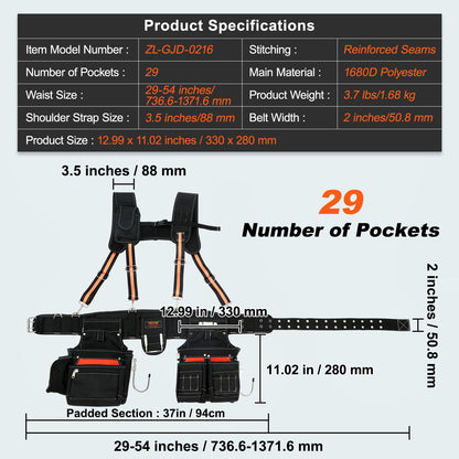 Tool Belt with Suspenders 1680D Polyester, 29 Pockets, 29-54 inches Adjustable Waist Size, Tool Belts for Men, Heavy Duty Carpenter Tool Pouch for Carpenters, Electricians, and Gardening, Black