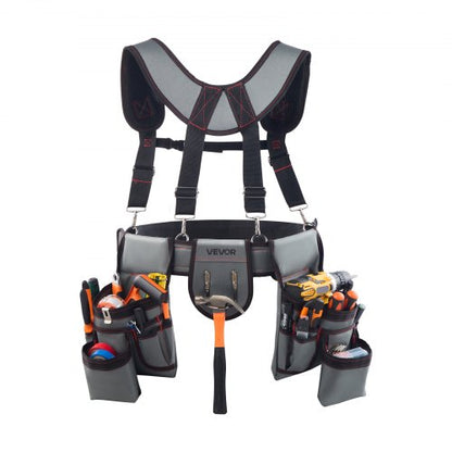 Tool Belt, 22 Pockets Tool Pouch with Suspenders for Men, Heavy Duty Adjustable Utility Belt Bag Suspenders for Electrician, Carpenter, Construction, Work Apron Organizer Waist Adjust 32 to 68in