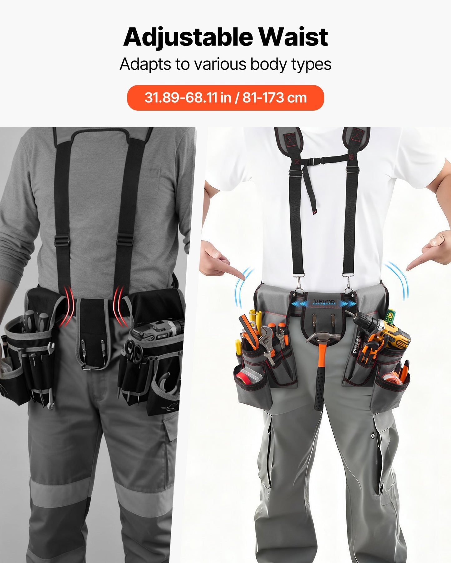 Tool Belt, 22 Pockets Tool Pouch with Suspenders for Men, Heavy Duty Adjustable Utility Belt Bag Suspenders for Electrician, Carpenter, Construction, Work Apron Organizer Waist Adjust 32 to 68in