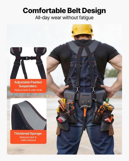 Tool Belt, 22 Pockets Tool Pouch with Suspenders for Men, Heavy Duty Adjustable Utility Belt Bag Suspenders for Electrician, Carpenter, Construction, Work Apron Organizer Waist Adjust 32 to 68in