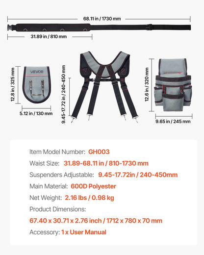 Tool Belt, 22 Pockets Tool Pouch with Suspenders for Men, Heavy Duty Adjustable Utility Belt Bag Suspenders for Electrician, Carpenter, Construction, Work Apron Organizer Waist Adjust 32 to 68in