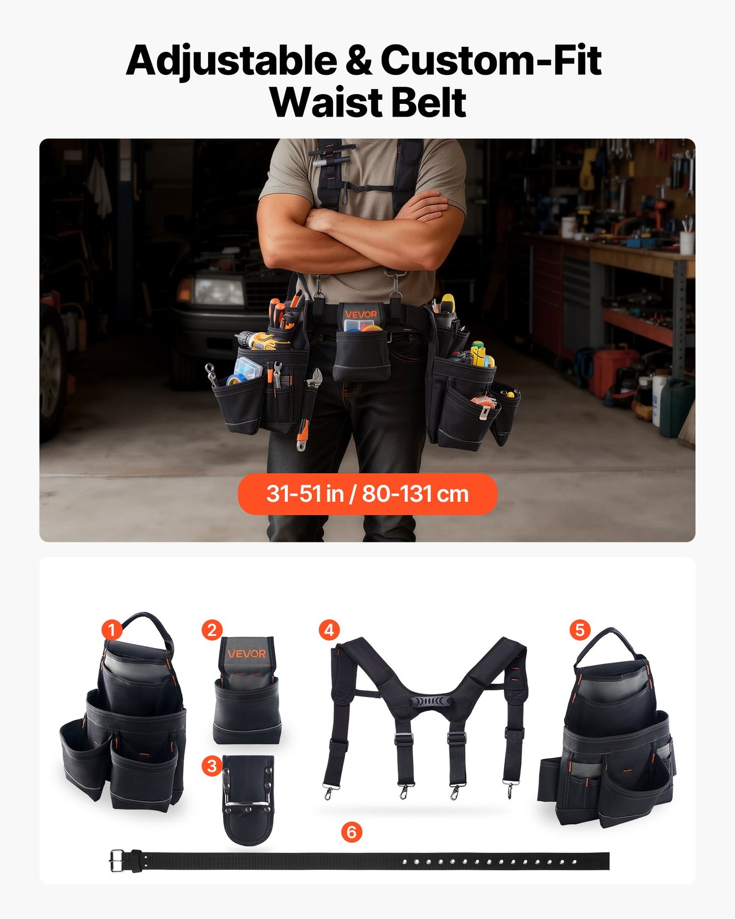 Tool Belt, 19 Pockets Tool Pouch with Suspenders for Men, Heavy Duty Adjustable Utility Belt Work Bag Detachable Suspension Rig for Electrician, Carpenter, Construction, Adjust Waist 31 to 51in