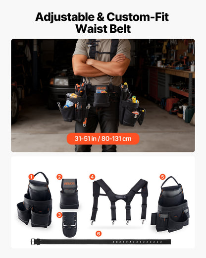 Tool Belt, 19 Pockets Tool Pouch with Suspenders for Men, Heavy Duty Adjustable Utility Belt Work Bag Detachable Suspension Rig for Electrician, Carpenter, Construction, Adjust Waist 31 to 51in