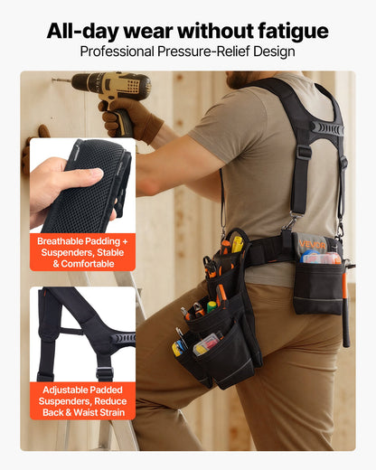 Tool Belt, 19 Pockets Tool Pouch with Suspenders for Men, Heavy Duty Adjustable Utility Belt Work Bag Detachable Suspension Rig for Electrician, Carpenter, Construction, Adjust Waist 31 to 51in