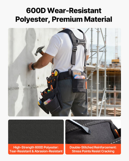 Tool Belt, 19 Pockets Tool Pouch with Suspenders for Men, Heavy Duty Adjustable Utility Belt Work Bag Detachable Suspension Rig for Electrician, Carpenter, Construction, Adjust Waist 31 to 51in