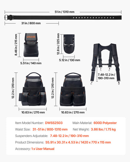 Tool Belt, 19 Pockets Tool Pouch with Suspenders for Men, Heavy Duty Adjustable Utility Belt Work Bag Detachable Suspension Rig for Electrician, Carpenter, Construction, Adjust Waist 31 to 51in