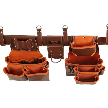 Werkzeuggürtel mit Hosenträgern, 19 Taschen, 73,7–137,2 cm verstellbare Taille, Werkzeuggürtel für Herren, robuste Tischler-Werkzeugtasche aus echtem Leder für Tischler, Elektriker und Gartenarbeiten, Braun