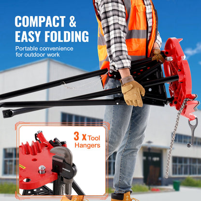 460-6 Tripod Pipe Chain Vise 1/8\"-6\" Capacity,Pipe Stand Portable Foldable Steel Legs,Pipe Jack Stands with Tool Tray, Tripod Stand Chain Vise Ideal for a Variety of Pipe Materials