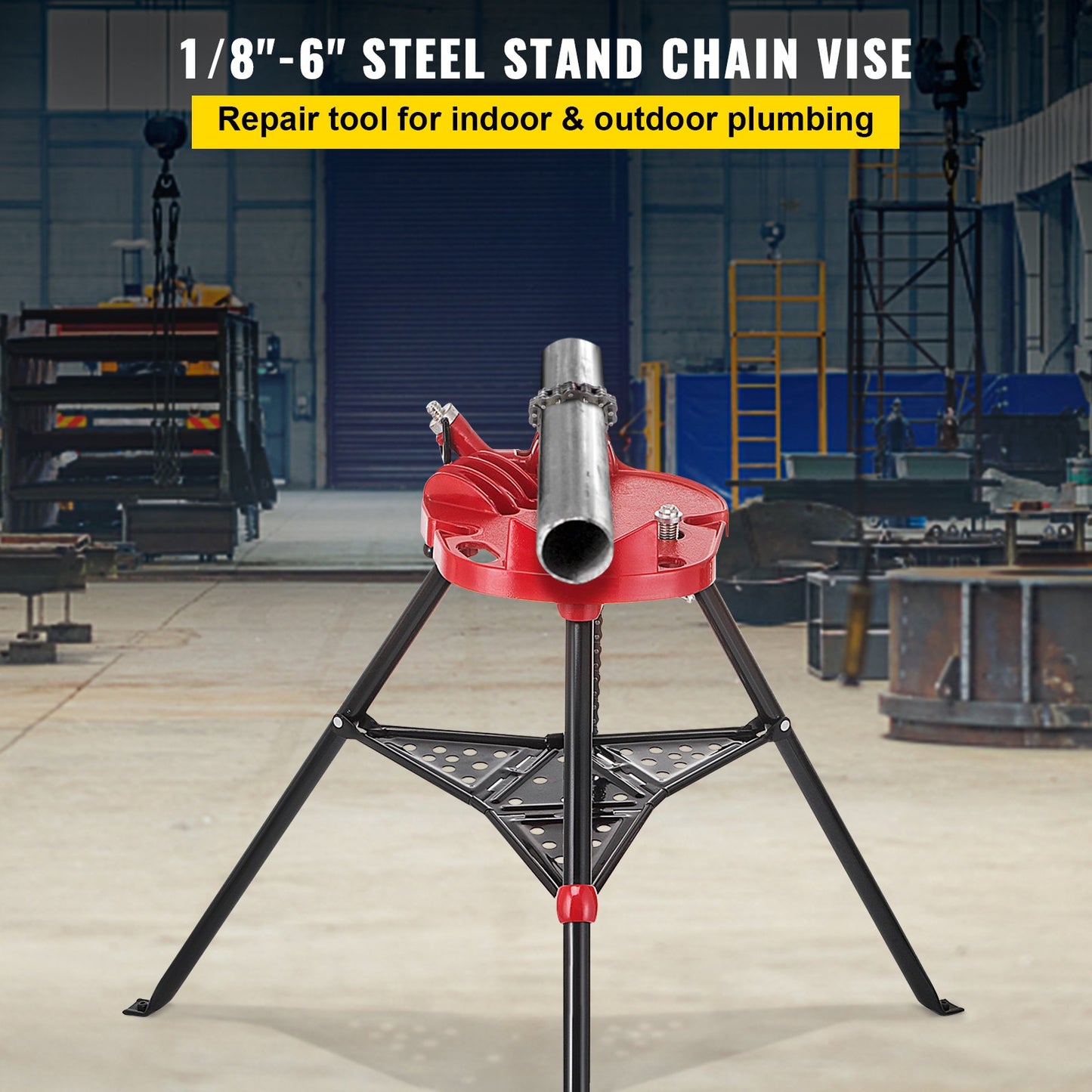 Chain Vise with Tripod Stand | 1/8"-6" Pipe Capacity | 1323 lbs Load Capacity | Portable Stand with Folding Legs and Tool Tray | Ideal for Plumbing and Pipe Work
