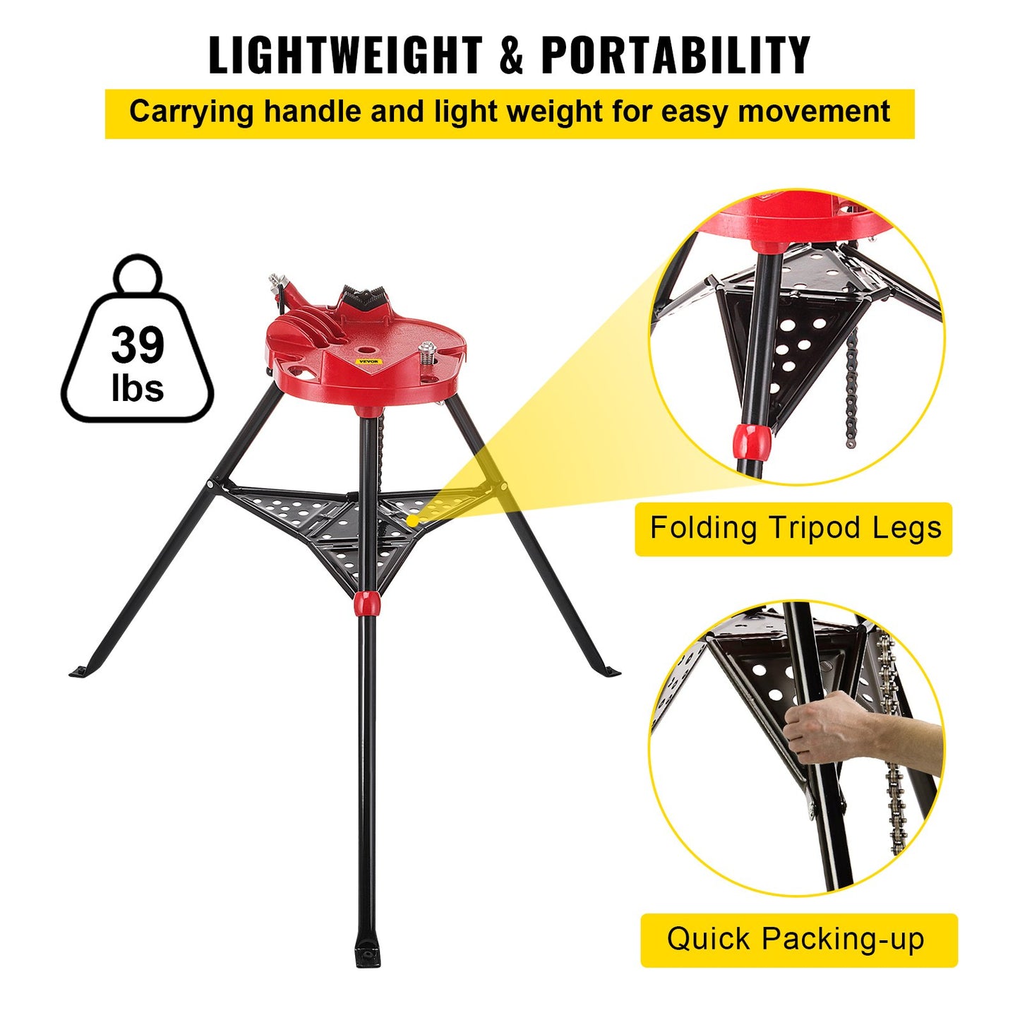 Chain Vise with Tripod Stand | 1/8"-6" Pipe Capacity | 1323 lbs Load Capacity | Portable Stand with Folding Legs and Tool Tray | Ideal for Plumbing and Pipe Work